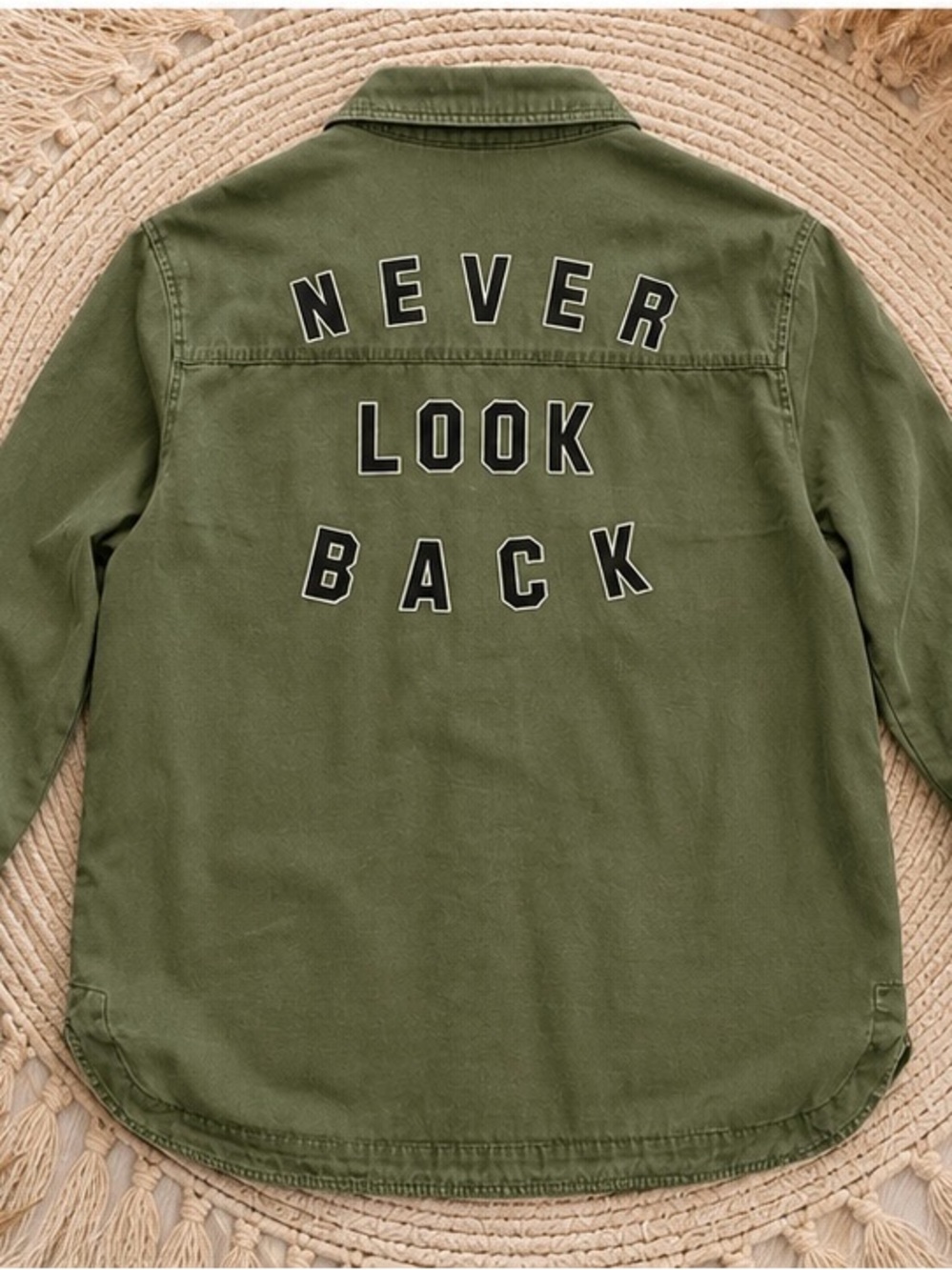 Chic Utility Jacket | “Never Look Back” Graphic Patch Oversized Shacket